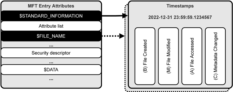 Figure 1: Excerpt from an MFT file record with the two highlighted attributes containing four timestamps each.