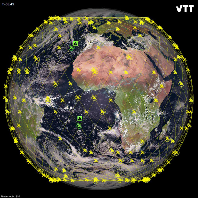 Figure 1: Snapshot of the numerical experiment after heuristic search. Satellites that are circled were selected. A green icon indicates that the satellite was (a) selected, and (b) is above the horizon of one of the designated target locations during the target observation time window (“attention” sign).