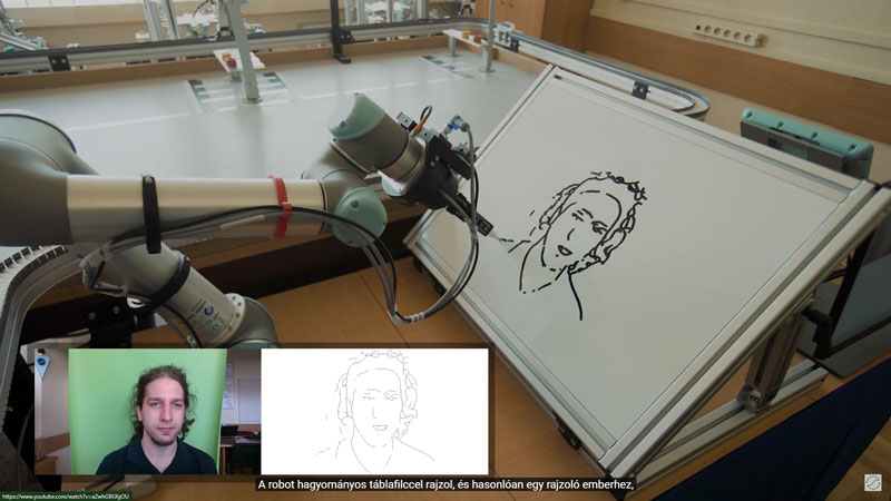 Figure 1: From the real face through the vector-graphic until the final drawing realised by the Piktor-O-Bot demonstrator of SZTAKI.