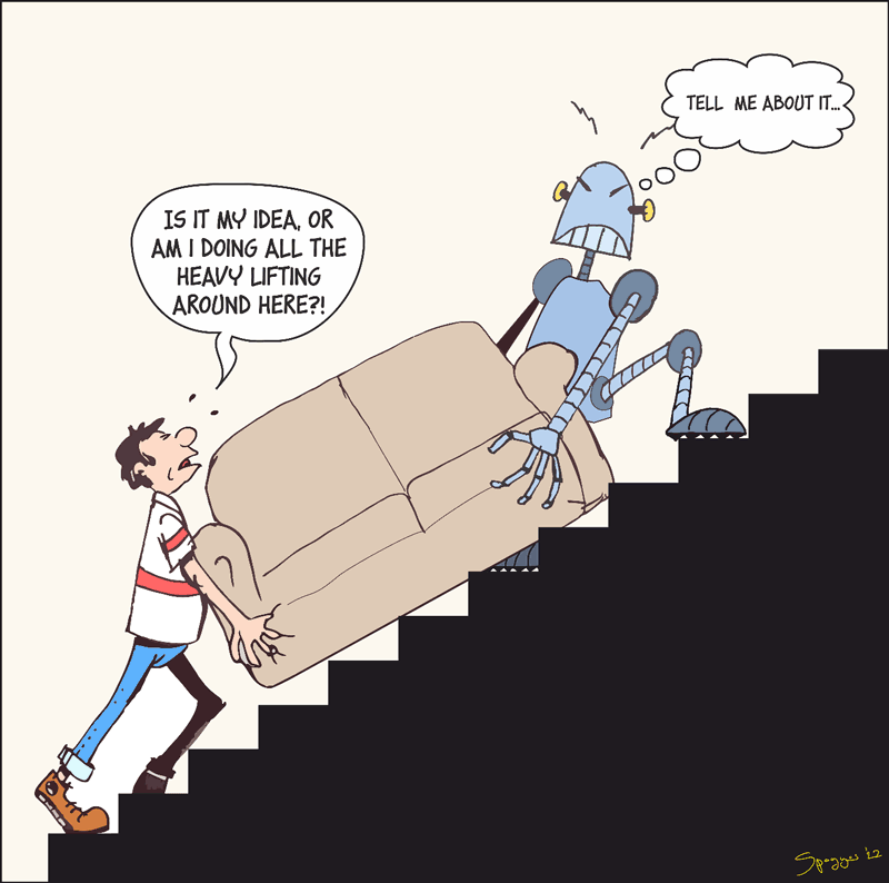 Figure 1: During collaboration it might be difficult to differentiate between self- and other-generated actions.  Understanding our partner is crucial for fluent and transparent performance. Drawing by Stefanos Poirazoglou for the purposes of this article (CC BY 4.0).