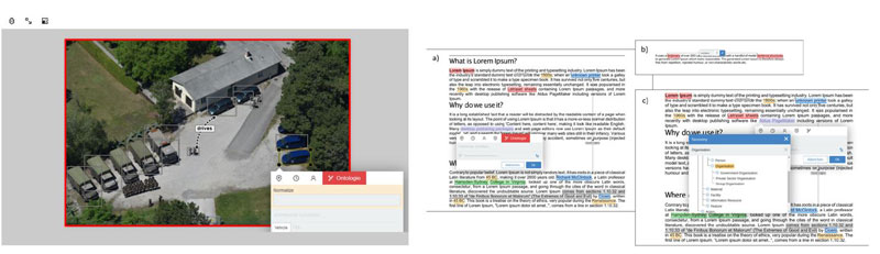 Figure 1: Annotation results are highlighted through boxes in photographs (left) or are highlighted with colours in text-based data (right; from [1]). Annotations can be set in relations (“person drives car”) and enriched with additional information through taxonomy feature.   