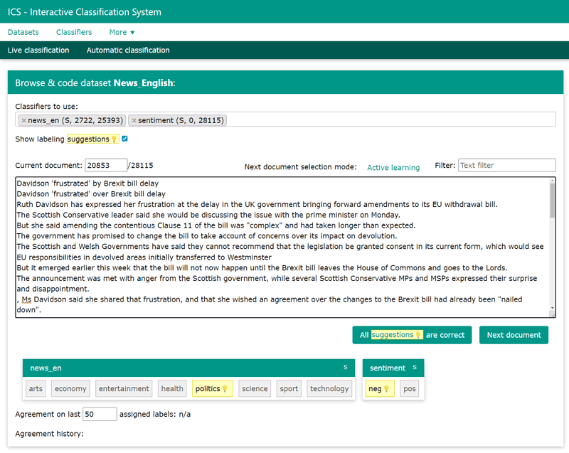 Figure 1: A screenshot of ICS. A document is shown, with two classifiers selected for labelling, i.e., by topic and by sentiment. Labels highlighted in yellow are the ones suggested by the machine learning model that ICS continuously updates according to users’ actions.