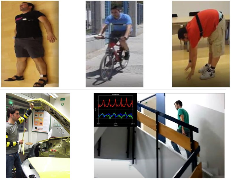 Figure 1: Example movements and measuring sensors of the human activity recognition datasets. The three pictures on the top represent the MHEALTH dataset, the bottom-left picture shows typical activity of the SKODA dataset (realised during reparation of SKODA cars), and the picture in the bottom-right shows a daily activity of people measured by their hand brought typically in their pockets.
