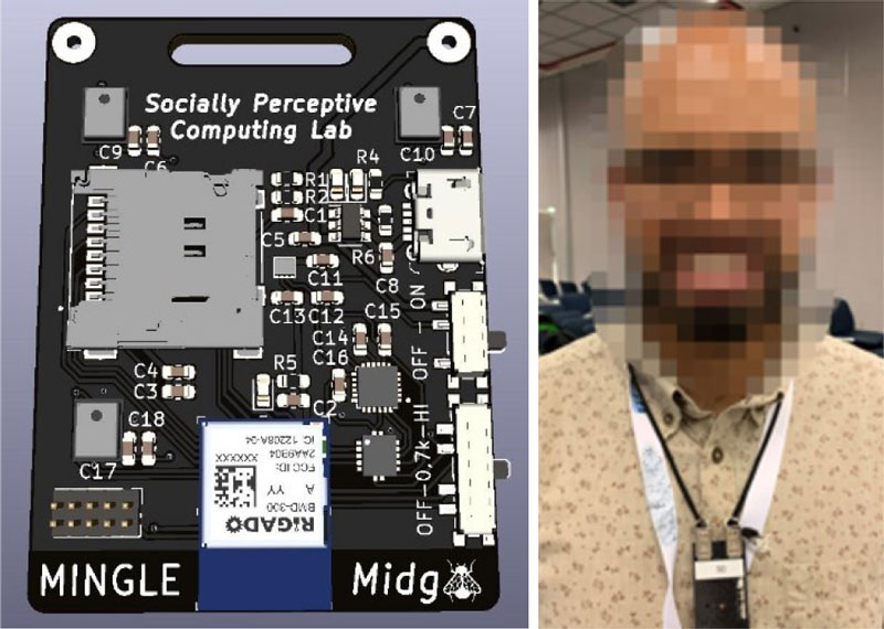 Figure 1: The MINGLE Midge Smart ID badge (left). Demonstration of how it is worn with a black lanyard around the neck (right). It contains a 9-degree-of-freedom inertial measurement unit, Bluetooth transmitter and receiver for measuring proximity to other sensors, and the possibility of recording high or low frequency audio for assisting in the training of body-language-based models. The design is open source. More details and access can be found at [1] and [L1].