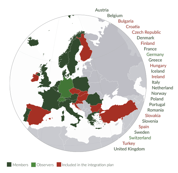 Figure 1: EPOS members (dark green), observers (light green), and countries included in the integration plan but not in EPOS-ERIC (red).