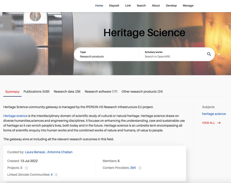 Figure 1: Home page of the Open Research Gateway on Heritage Science.