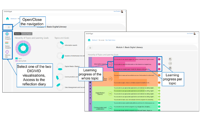 Figure 1: The DIGIVIDget visualisations, the Sunburst view (left) and the Rainbow view (right).