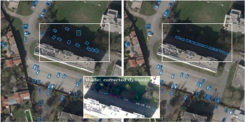 Figure 1: Cars parked in the shade are not well recognized by usual algorithms (left). Ours works fine (right).