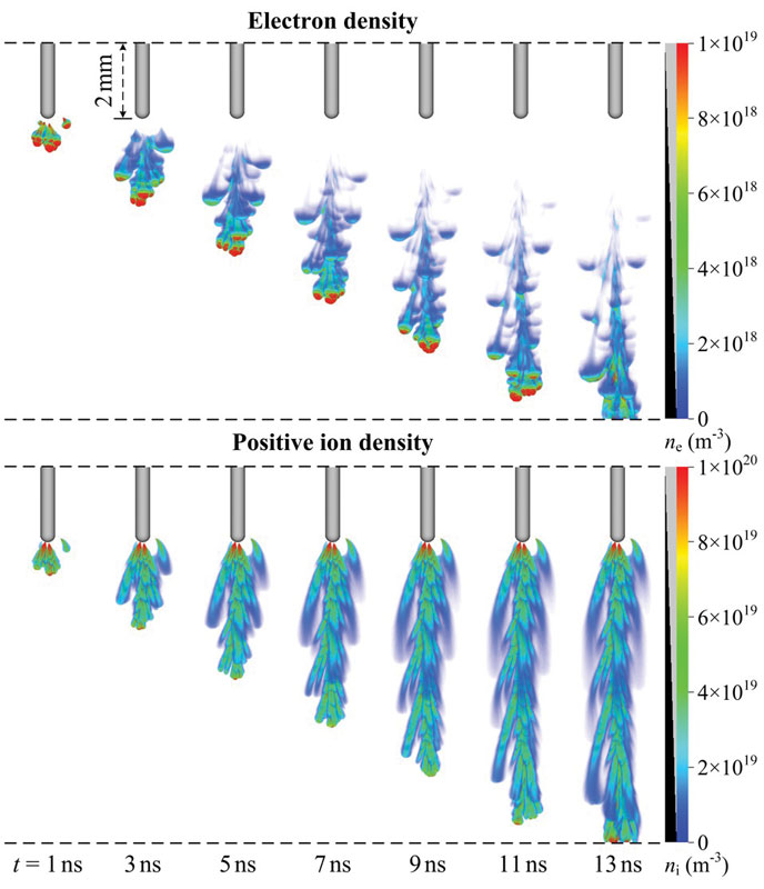 Figure 2: Negative streamers in a new insulating gas. Source: https://arxiv.org/pdf/2308.08901.pdf.