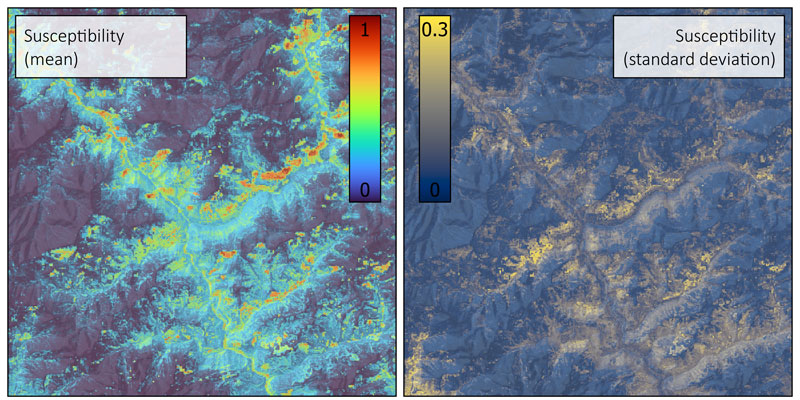 图1：滑坡敏感性图（左）和相应的不确定性（右）。基于随机森林模型集合估计平均敏感性。高值表明滑坡发生的倾向性增加。不确定度是集合标准偏差，数值越高，表示估计值的不确定性越高。
