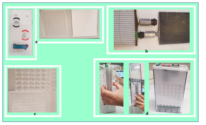 igure 1: a) A new 3D-printed lid and separator frame with gas flow channels. b) Plates provided by Hoppecke and soldered to terminal blocks. c) An H&V separator was located within the new separator frame and H&V AGM and printed spring clips were used to provide pressure to the plates. d) Manufacture is straightforward – connect the terminals, assemble and slide the battery box on. Bubbles of hydrogen (H2) and oxygen (O2) appear at the output ports under electrolysis.