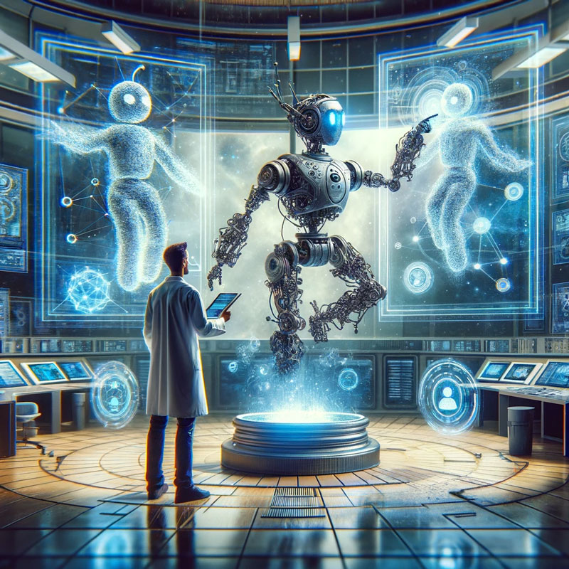 Figure 1: Illustration created with Dall-E3 with the following prompt: “Image of a robot evaluating two chatbots, and a human overseeing the process”.