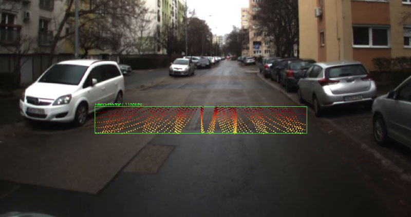 Figure 3: Sample output (detected speed bump) of the system: the merging of the camera’s image and the LiDAR’s point cloud. The camera provides the input for the deep learning-based object detection algorithm, while the LiDAR provides the location information of the detected objects.