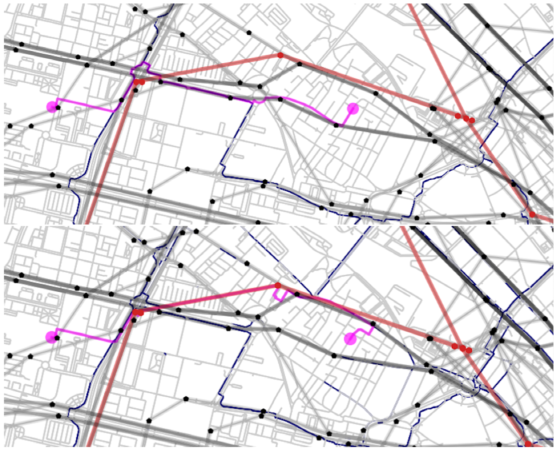 Figure 1: Example for the same route (fuchsia line) using the current infrastructure (top) and the proposed infrastructure (bottom). It shows how the proposed route allows combining e-scooter paths (blue lines) with public transport (red lines).