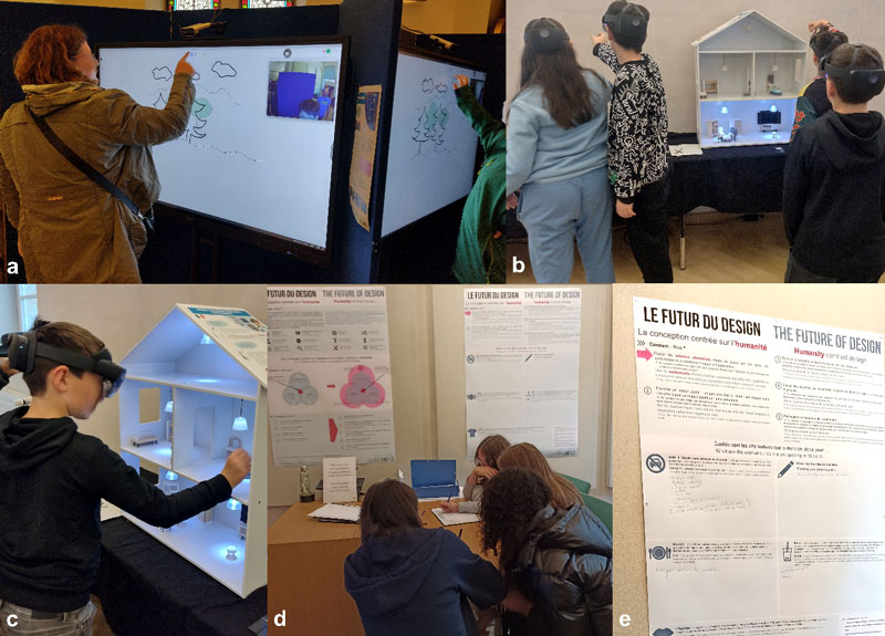 Figure 1: Humanity-centred-design approach implemented: a) advanced video conferencing system on large interactive displays; b) and c) eco-feedback technology using augmented reality; d) and e) activities to find workarounds with children.