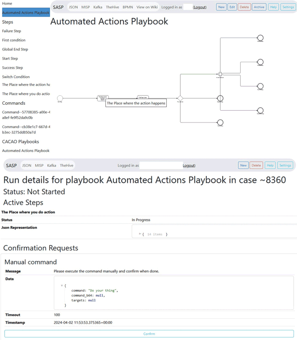 Figure 1: Exemplary tool features in the UI include (top) a visual representation of the playbook in BPMN with an interactive modification option by clicking on the steps, and (bottom) an overview of the running step of a playbook with a command prompt for automatic execution or manual confirmation of action success.