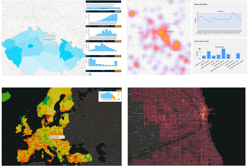 Figure 1: GLayer-based maps of COVID-19 infections in Czechia (top left), traffic incidents in Ethiopia (top right), Europe demographic data (bottom left), and crimes in Chicago (bottom right).