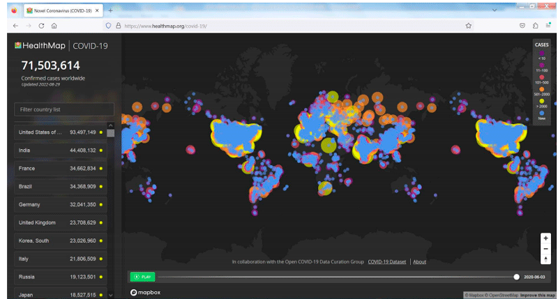 Figure 1: HealthMap’s interface with disease outbreaks around the world.