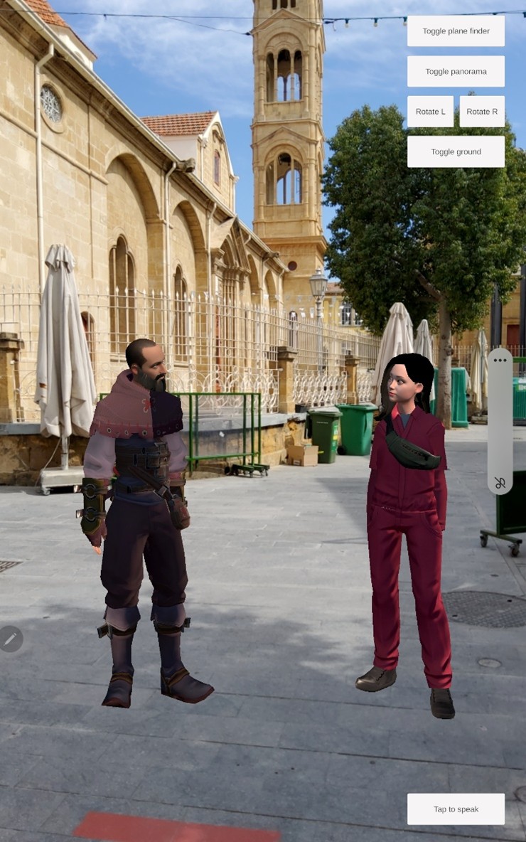 Figure 2: Panoramic display of the Intelligent XR Assistant(s). In the background, the Church of Panagia Faneromeni, located in the historical centre of Nicosia. It was built between 1872 and 1873 on the site of a pre-existing church.