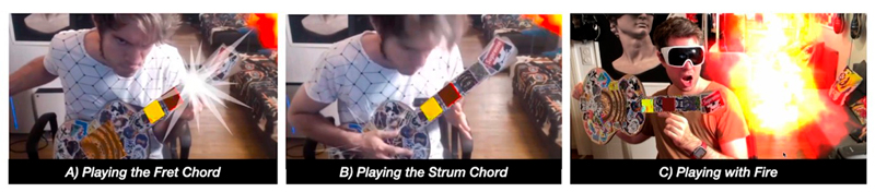 Figure 1: GuitAR in use: (A) playing a fret chord; (B) strumming; (C) themed video effect (flames), as a user enjoys the AR experience.