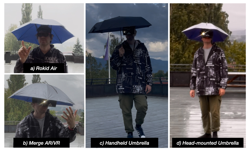 Figure 1: Outdoor pilot with AR. (a) Rokid Air used in rain with a head-mounted umbrella. (b) Merge AR/VR used in rain with a head-mounted umbrella. (c) Testing with a traditional handheld umbrella. (d) Testing with a head-mounted umbrella in the rain.