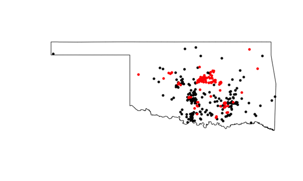 Earthquake locations in Oklahoma before and after 2009