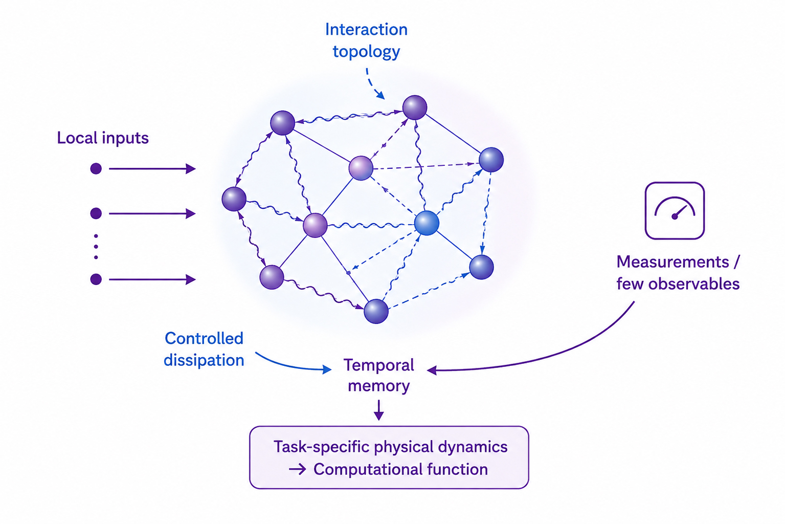 Figure 1: Concept of quantum neuromorphic computing. Local inputs drive an interacting quantum network whose topology, dissipation and temporal memory are designed so that its physical dynamics perform a desired computational task.