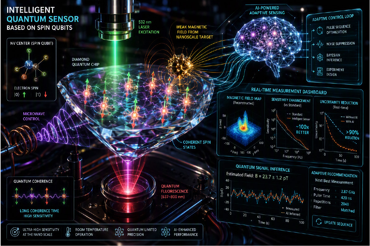 Figure 1: Intelligent quantum sensor-based on spin qubits. Conceptual image generated with Microsoft Copilot.