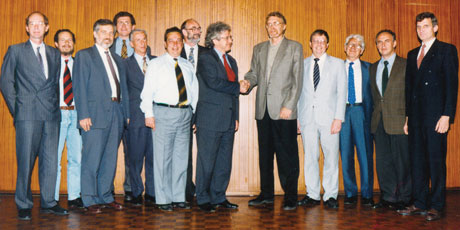 Dennis Tsichritzis, President of ERCIM (1994-1998) and the Board of Directors welcome the President of the Czech Research Consortium for Informatics and Mathematics, Jiri Wiedermann, during the ERCIM meetings in Zurich in May 1996. Dennis Tsichritzis, President of ERCIM (1994-1998) and the Board of Directors welcome the President of the Czech Research Consortium for Informatics and Mathematics, Jiri Wiedermann, during the ERCIM meetings in Zurich in May 1996.