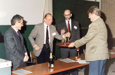 ERCIM Directors give a toast on Rutherford Appleton Laboratory (RAL) joining ERCIM as fourth ERCIM member in November 1990. From left: Alain Bensoussan (INRIA), Gerhard Seegmuller (GMD), Paul Williams (RAL), Cor Baayen (CWI). ERCIM Directors give a toast on Rutherford Appleton Laboratory (RAL) joining ERCIM as fourth ERCIM member in November 1990. From left: Alain Bensoussan (INRIA), Gerhard Seegmuller (GMD), Paul Williams (RAL), Cor Baayen (CWI).