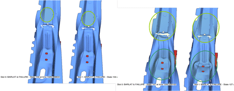 Figure 2: Interplay of crack with kink in an early (left) and later (right) time step. Shown are extreme simulation results, caused by parameter variations.