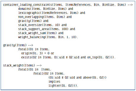 Figure 1. Example of PKML rules defining container loading constraints, gravity and stacking rules