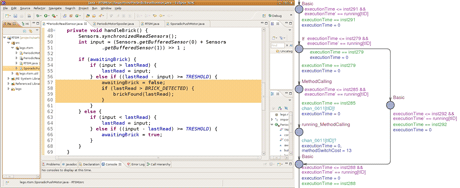 Figure 1: (left) A small snippet of a Java code verified using SARTS; (right) a simplified UPPAAL model of the highlighted code.