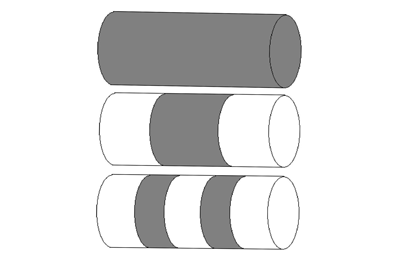 Figure 1: 1-, 3- and 5-layer cylindrical tablets. Dark  coloured layers consist of drug. Light coloured layers consist of inert  materials.