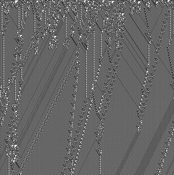 Figure 1: The artificial ‘particles’ emergent from the computations of Elementary Cellular Automaton n. 110 are reminiscent of ‘real’ scattering phenomena in physics, and at the same time achieve computational universality (Turing-completeness