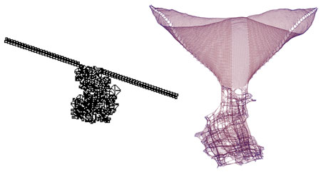 Figure 2: Emergence of two coupled particles in the final configuration of a 2D Turing machine computation (left) and in the corresponding causal set (right).