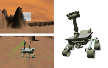 3D physics model of the rover (right), the position and orientation of the camera and infrared sensors (bottom-left) and fovea of the active vision system consisting of a matrix of 5x5 grayscale pixels.