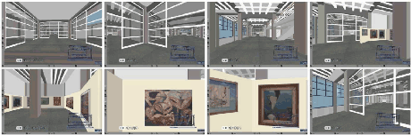 Figure 2: Selected navigation frames (2,5,11,25 top, 27,32,38,42 bottom) around a virtual exhibition.