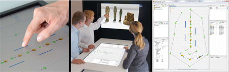 Figure 1: Moving objects with a fingertip (left), collaborative work on a single exhibition (middle), floor based GUI interface of the application eXhibition:editor3D (right).