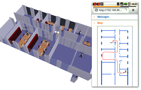 Figure 1: The office as the positioning subsystem detects it, and the indoor routing interface running at the same time.