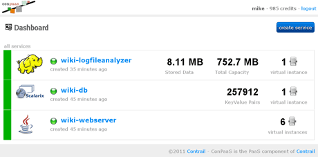 Figure 1: The main ConPaaS dashboard with three services running