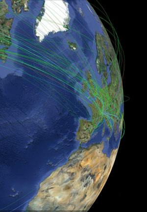 wilsonFigure 1: A snapshot of the monitor showing data analysis jobs being passed around the Worldwide LHC Computing Grid.