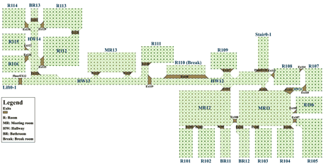 Figure 1: A fine-grained graph of an indoor network with exits