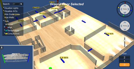 Figure 1: Screenshot of the VRE prototype application displaying energy data and rendering status of devices at INESC-ID Taguspark building