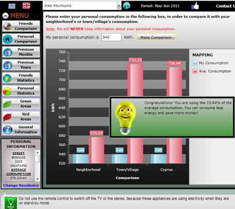 A snapshot of Social Electricity application showing a menu in which the user is encouraged to add his own, personal consumption and compare it with his local neighbourhood, town/village or the whole of Cyprus.