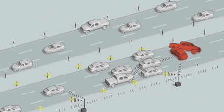 Figure 1: Accident on a three-lane highway. One of the accident vehicles transmits a warning to a road side unit (RSU) and to vehicles approaching from behind, which then forward the warning further. Beginning at the accident site, roadside warning lights are activated to visually warn vehicles approaching from behind.