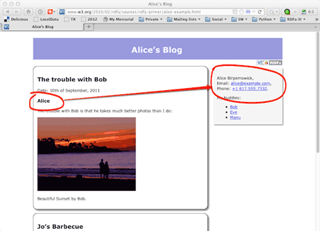 Figure 1: Example for using RDFa: individual blog items on the left, personal data, linked from the blog using RDFa terms, in a sidebar