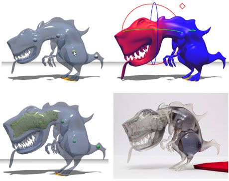 Figure1: A T-Rex model (top left) is deformed by the user to have a bigger head (top right). Our algorithm automatically carves the model (bottom left, cavity visible in yellow) and slightly deforms it to achieve a balanced configuration. After 3D printing (bottom right), the physical model stands in the intended position. (3D model from www.turbosquid.com: T-Rex by csirkeFrs).