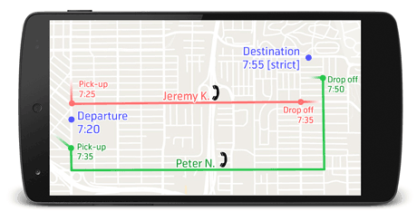 Figure 1: An example of the proposed carpooling system where Passenger X’s usual departure and destination locations are indicated with the blue markers. Following a comparison process with drivers in the same location, two possible carpooling suggestions are identified (indicated by the red and green tracks).