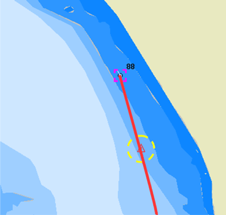 Figure 1: The risk of grounding was detected (yellow ring) three minutes before it actually occurred (purple square).